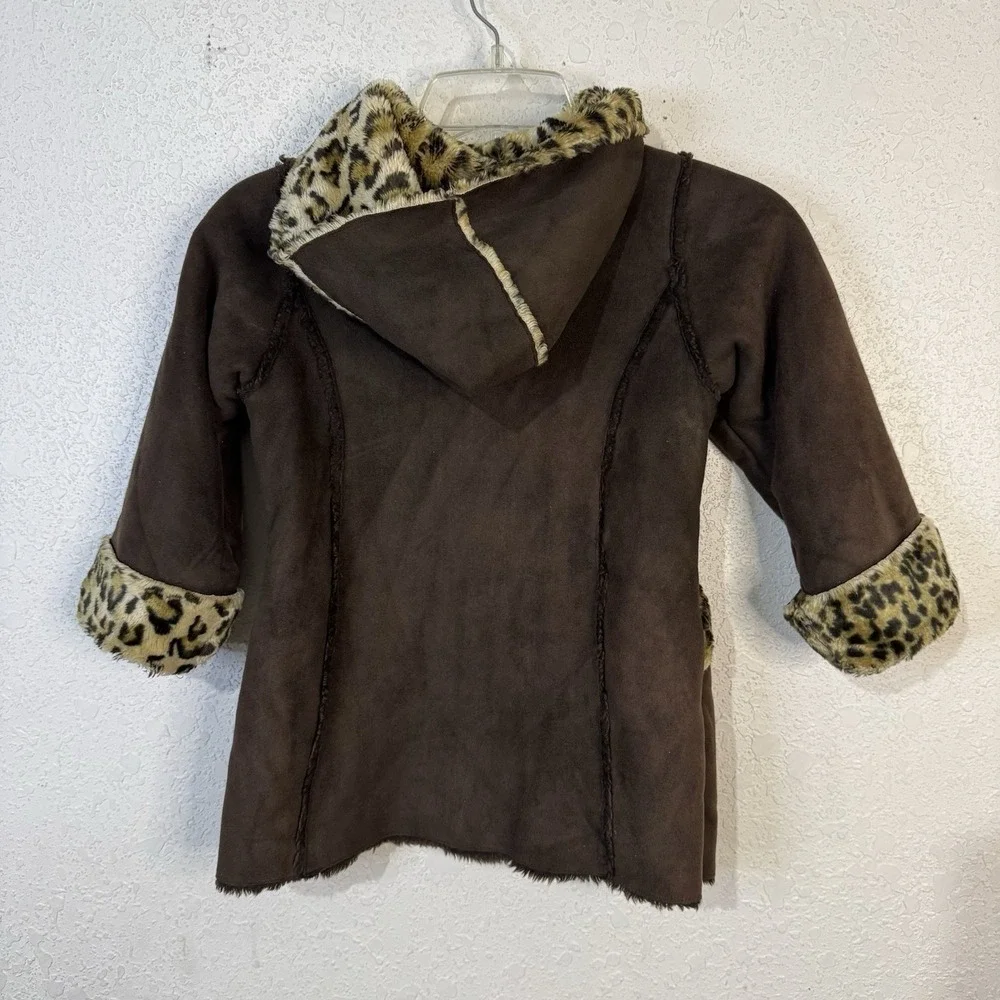 Oshkosh Bgosh Girls Coat 5/6 Faux Fur Leopard‎ Brown Hooded Pockets